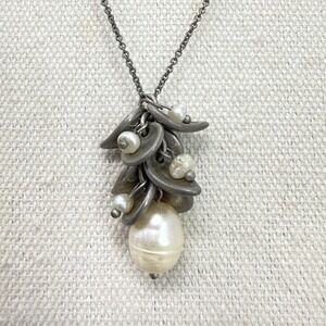 Unique Pearl and Metal Leaf Cluster Pendant Necklace Toggle Clasp Handmade